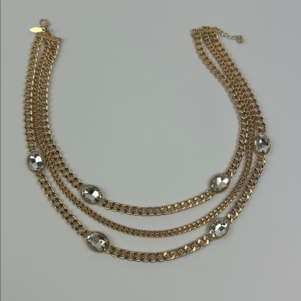 Natasha Elegant Gold 3 Chain Necklace Gem Accents Old Money Vibes 18”